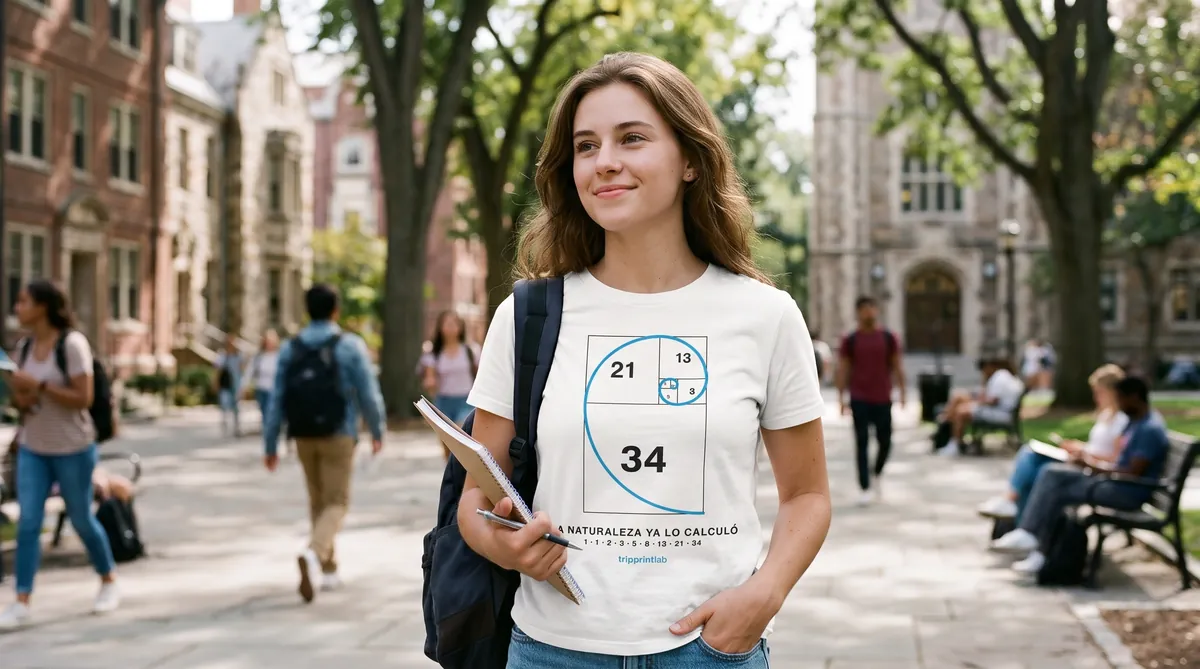 Estudiante caminando por un campus con una camiseta estampada con la espiral de Fibonacci