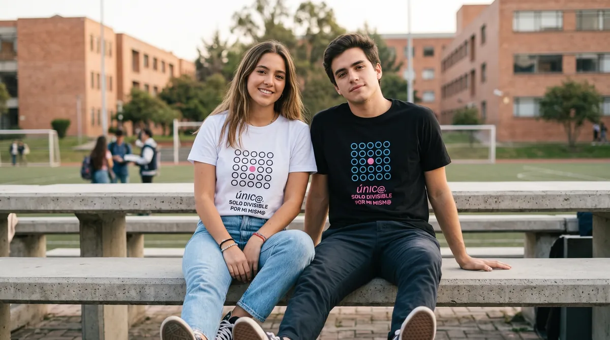 Dos jóvenes sentados en las gradas de una universidad con camisetas estampadas