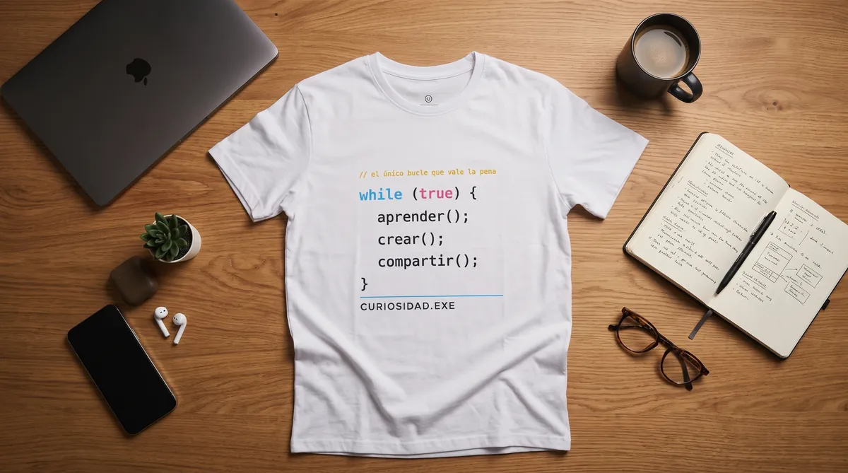 Escritorio creativo con laptop, cuaderno, café y una camiseta estampada