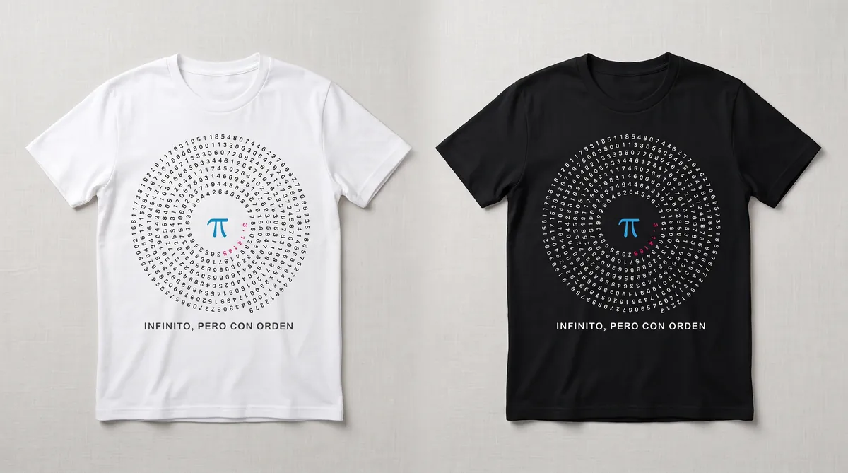 Camisetas blanca y negra con una espiral de dígitos de pi