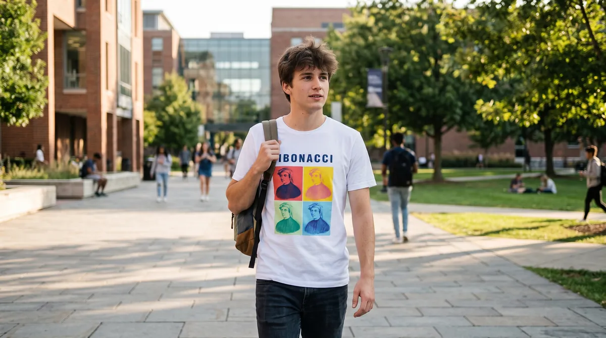 Joven caminando por un campus con una camiseta estampada en colores pop